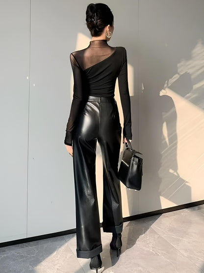 Asymmetrical Sheer Mesh Panel T-Shirt