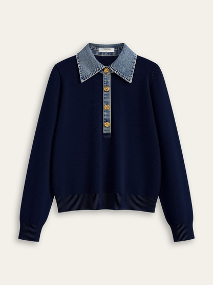 Denim Collar Wool Blend Knit Top