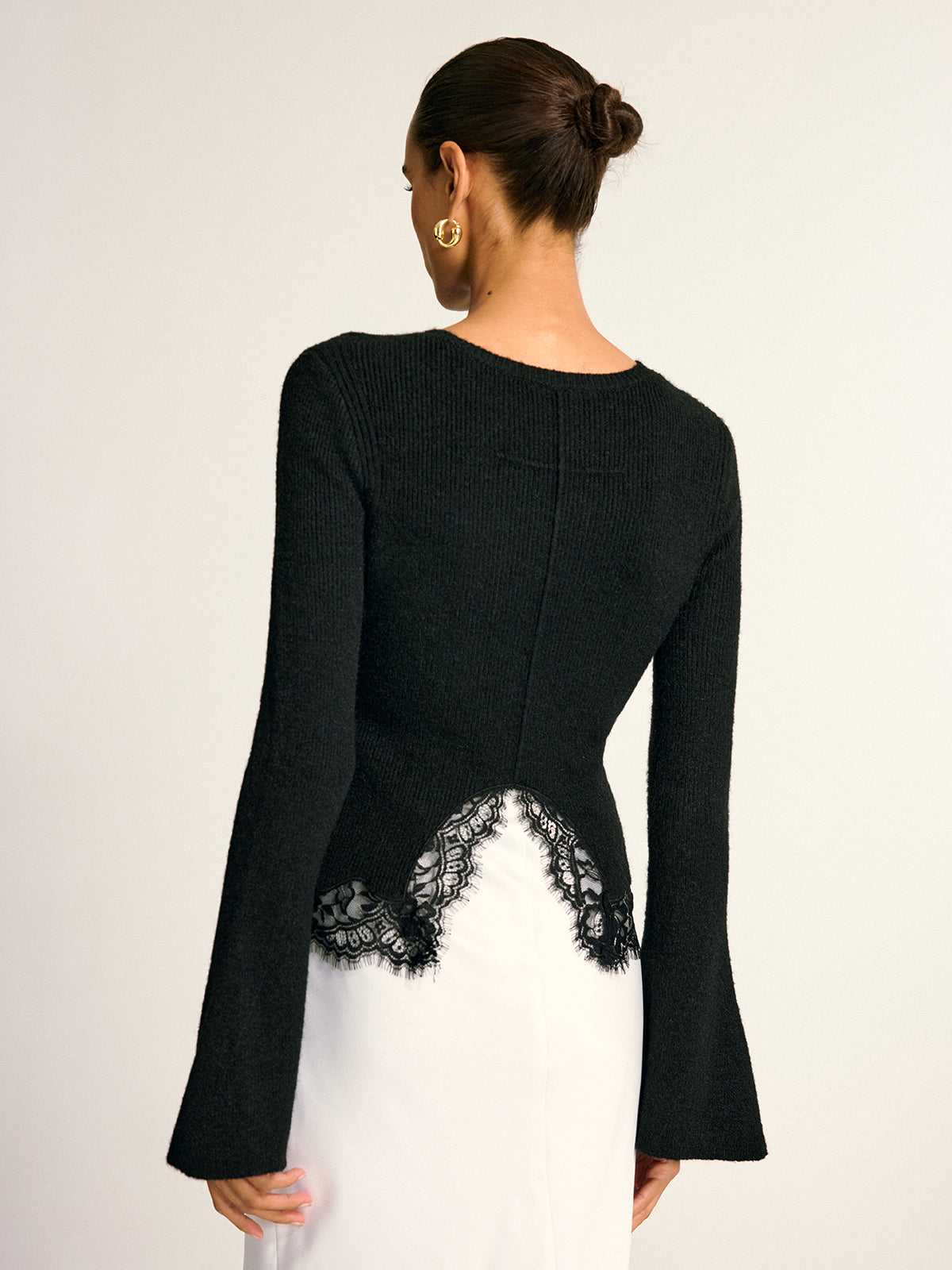 Lace Hem Bell Sleeve Wool Blend Knit Top