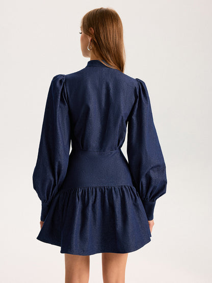 Denim Stand Collar Puff Sleeve Mini Dress