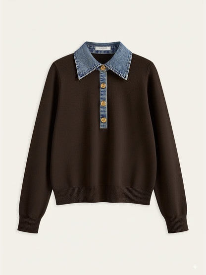 Denim Collar Wool Blend Knit Top