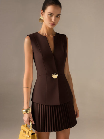 Sleeveless Metal Detail Pleated Mini Dress