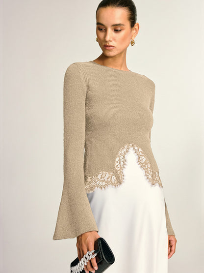Lace Hem Bell Sleeve Wool Blend Knit Top
