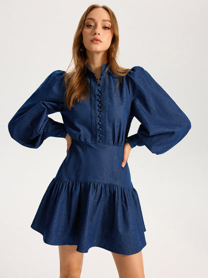 Denim Stand Collar Puff Sleeve Mini Dress