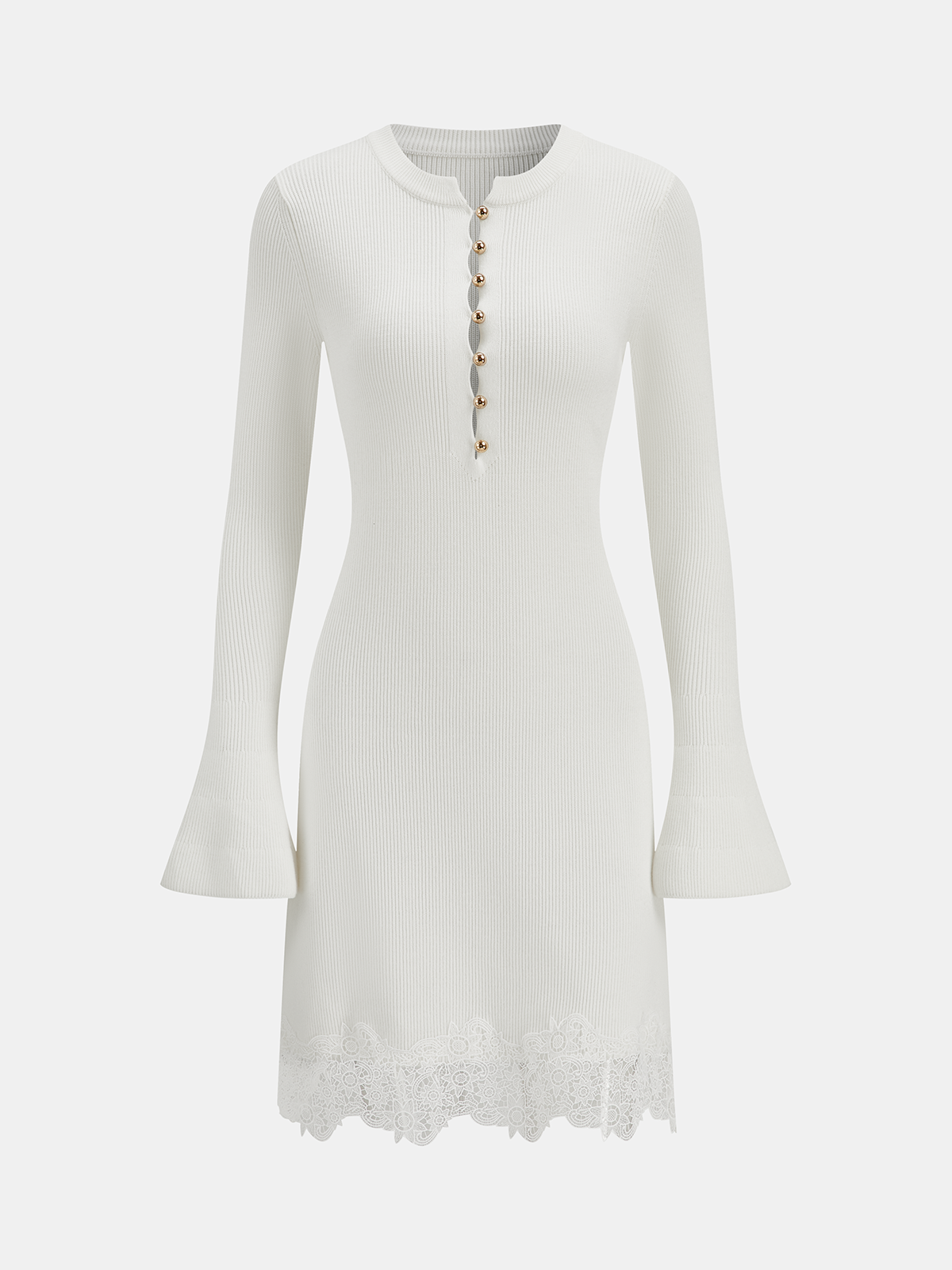 Wool Blend Lace Hem Metal Button Mini Dress