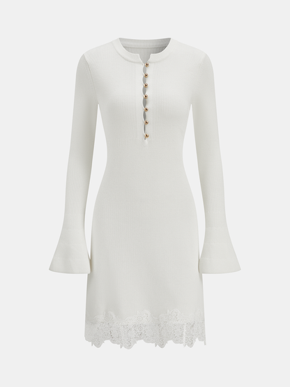 Wool Blend Lace Hem Metal Button Mini Dress